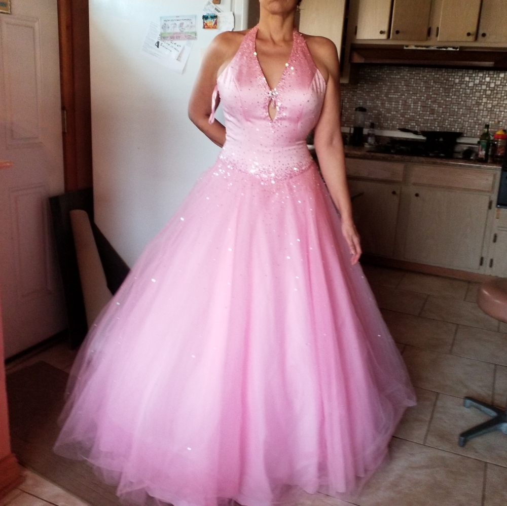 Mori lee by Madeline Gardner pink tulle halter Corset Ball cotillion Gown